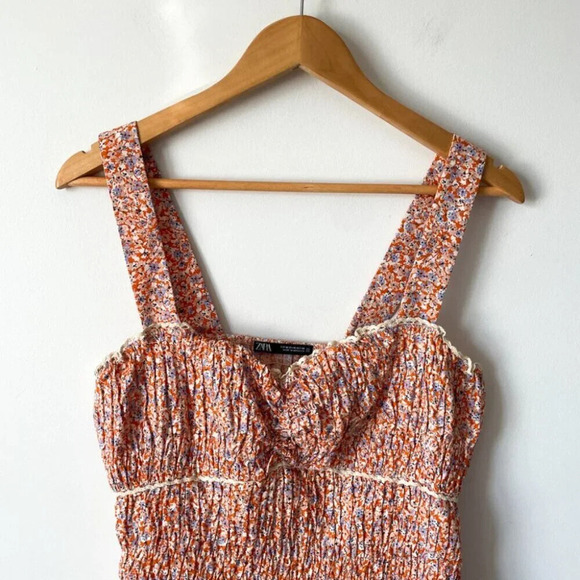 Zara Ditzy Floral Smocked Elasticized Mini Dress Orange Lilac Size Medium - Picture 6 of 9